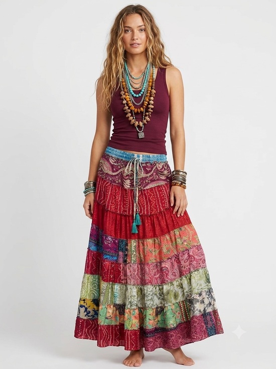 Dresses & Skirts - 14. Boho Patchwork Sari Silk Maxi Skirt Festival Hippie Gypsy One Size India